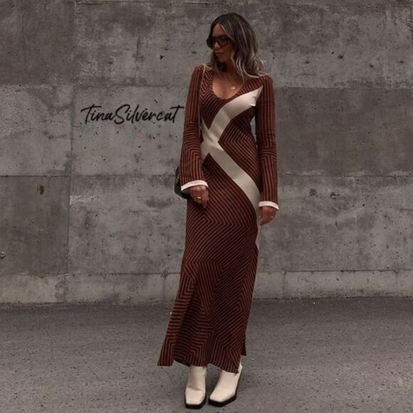 BLOGGER'S FAVE! Zara Striped Midi Dress Brown Sz XS, Small NWT - Picture 3 of 17